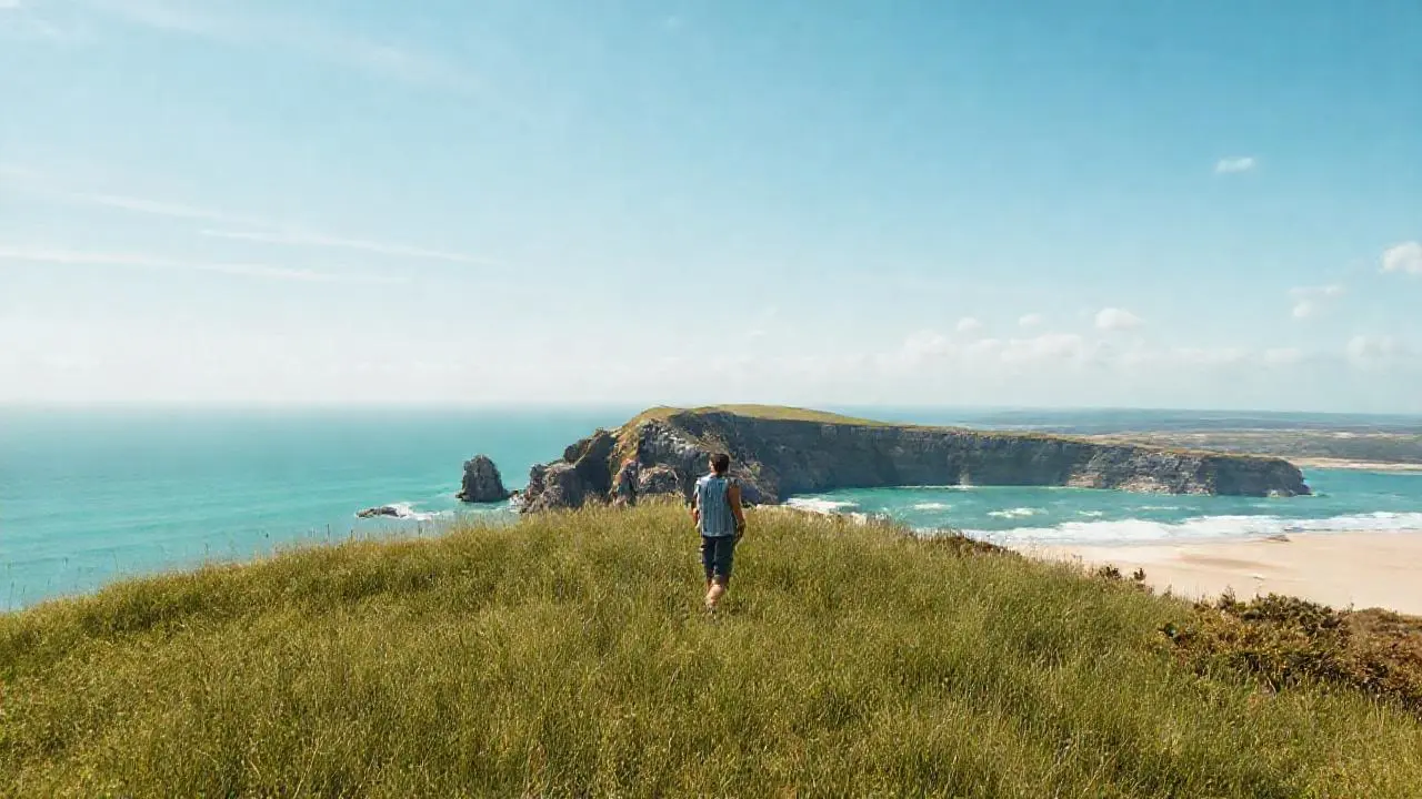 Escena tranquila de costa y figura solitaria