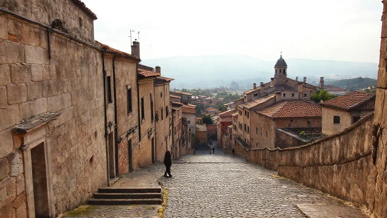 Ciudad antigua, tranquila y ligeramente brumosa