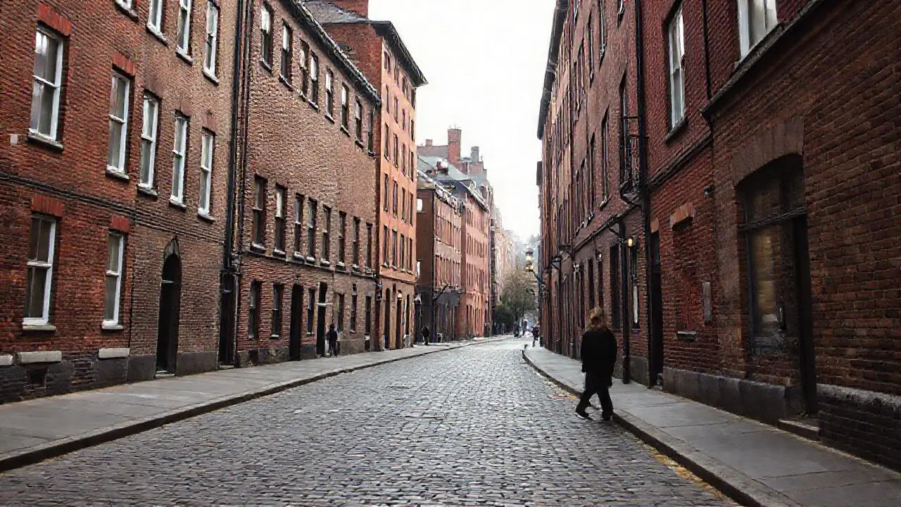 Calle urbana, antigua, suavemente iluminada