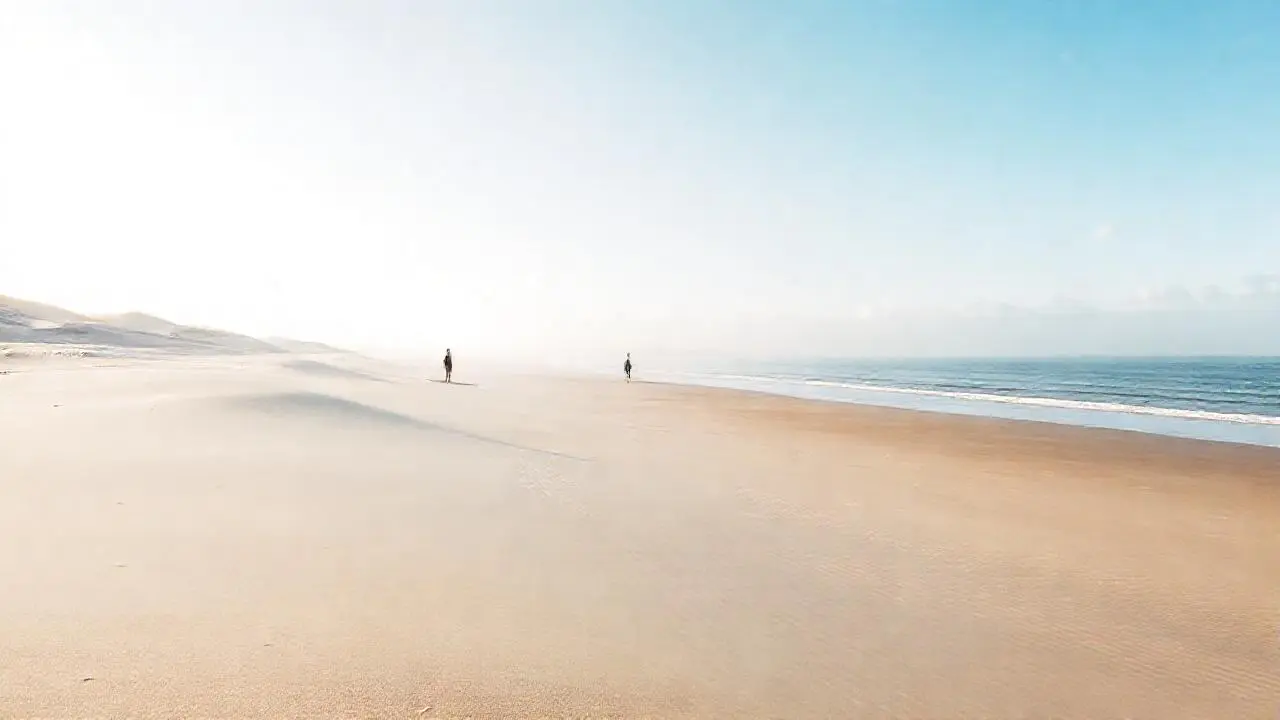 Tranquila playa, surfista y luz suave