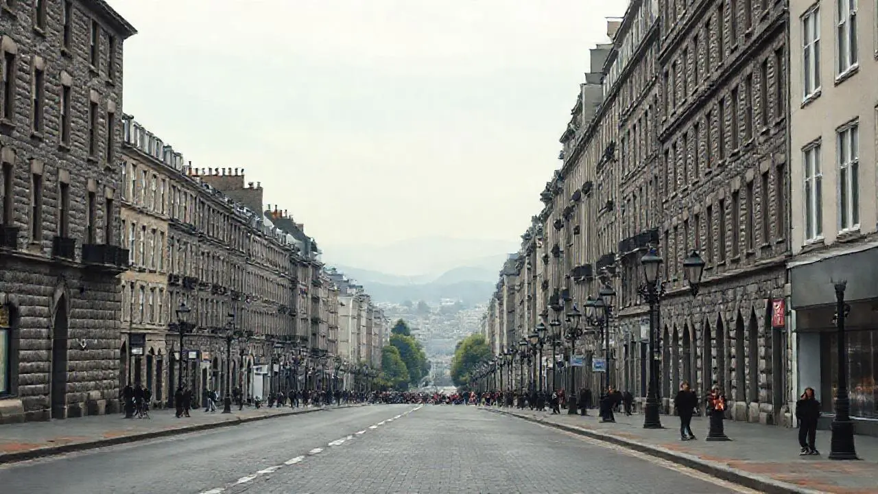 Ciudad urbana, realista y ligeramente brumosa