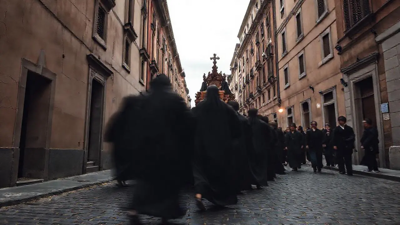 Procesión silenciosa bajo cielo nublado