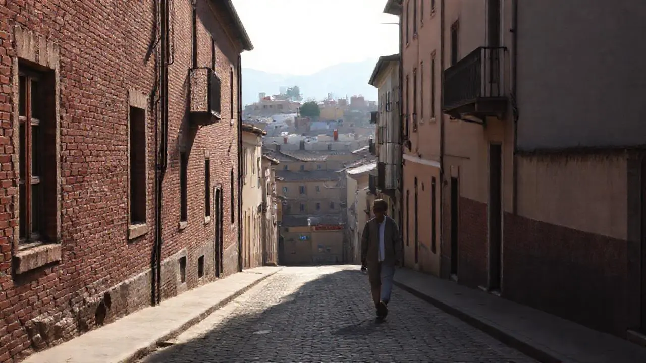 Una calle antigua, tranquila y luminosa