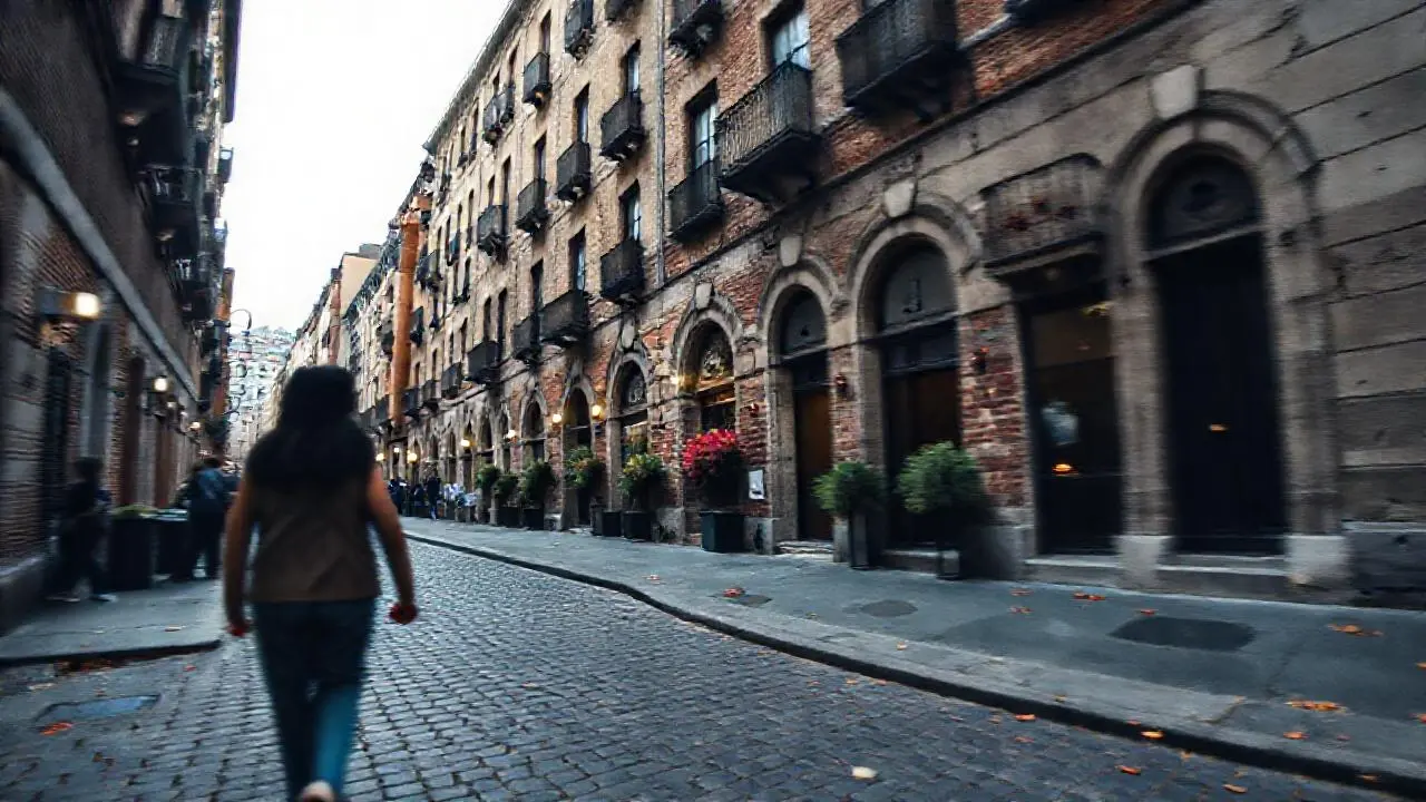 Calle empedrada, urbana, nostálgica y ligeramente borrosa