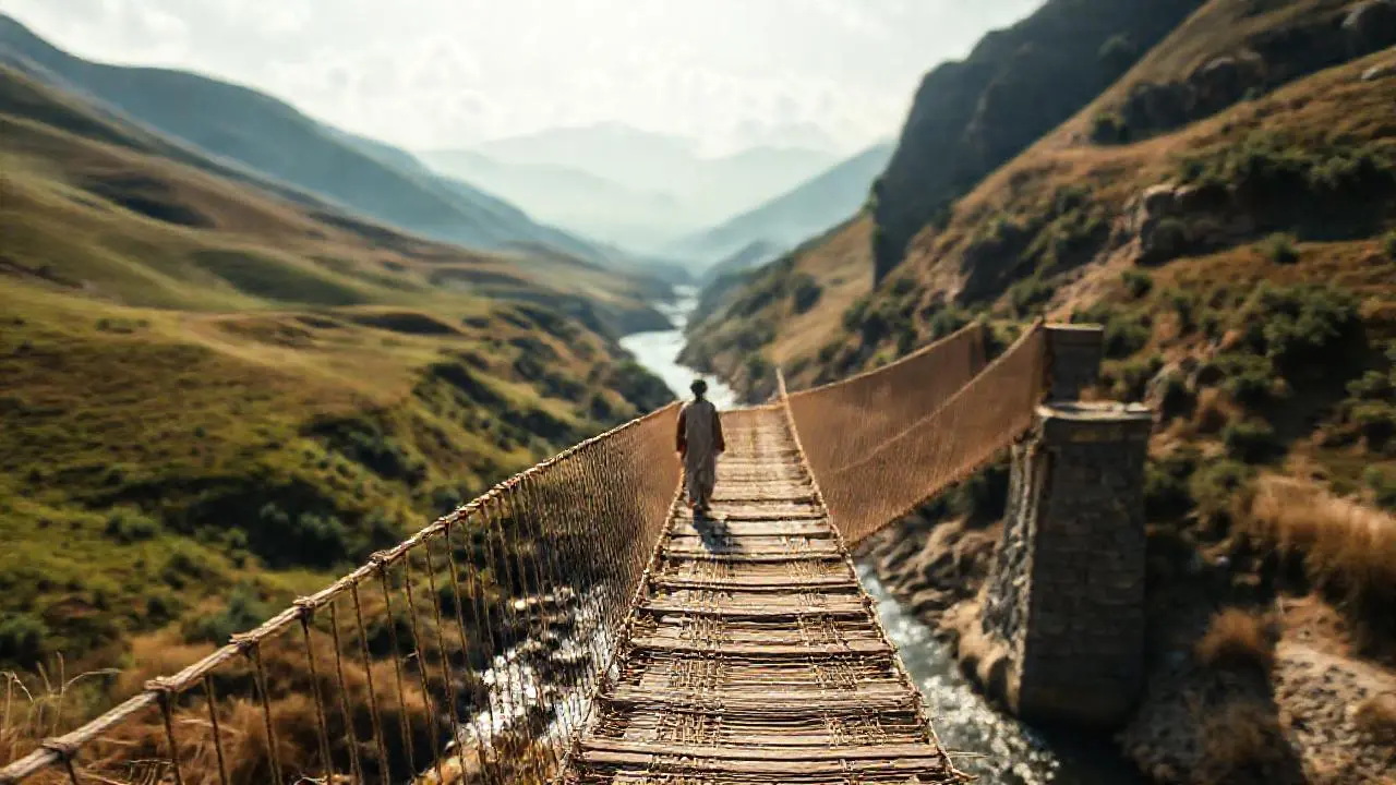 Paisaje natural con puente y figura distante