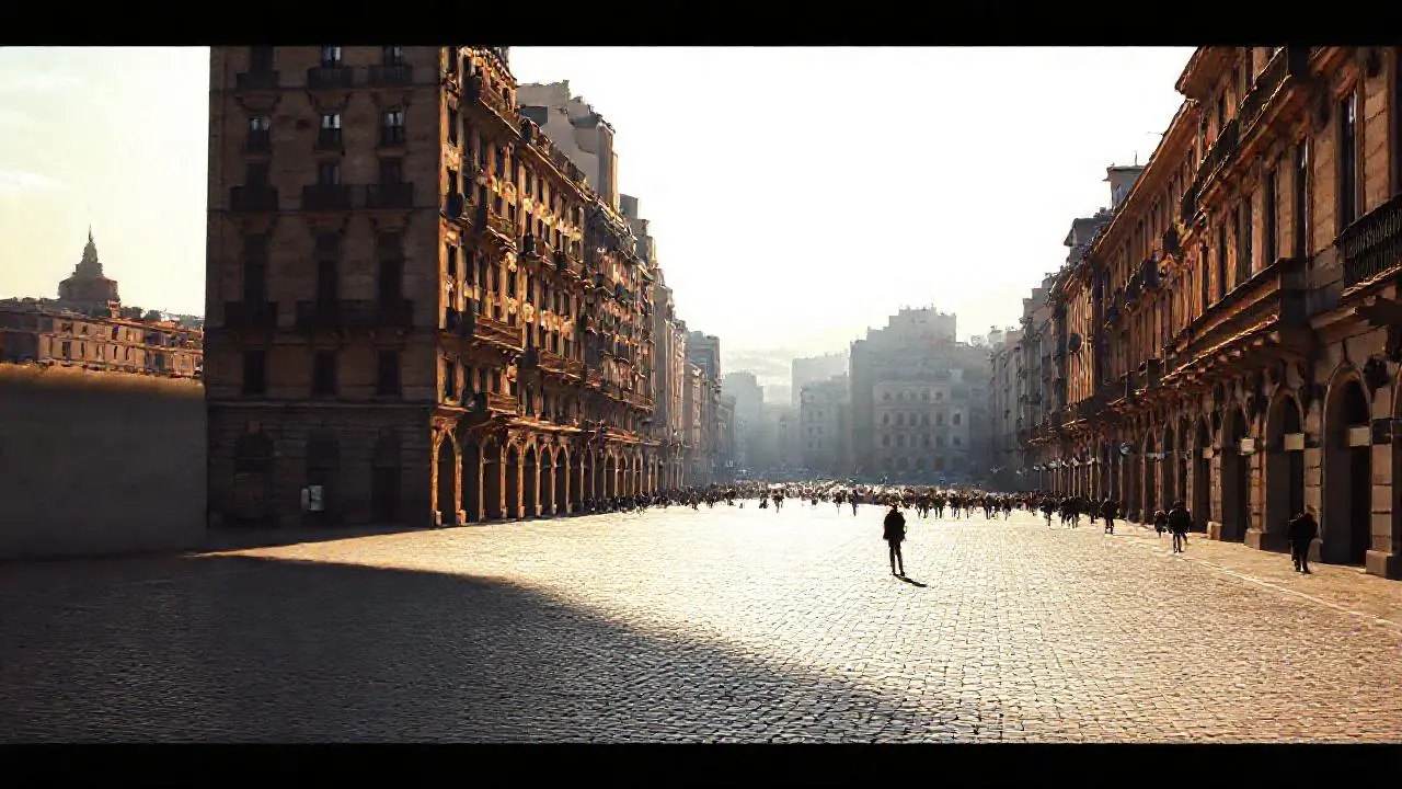 Plaza urbana, luz cálida y perspectiva amplia