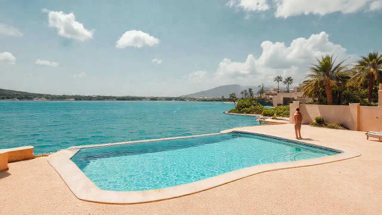 Tranquila escena de playa, luz cálida y amplia
