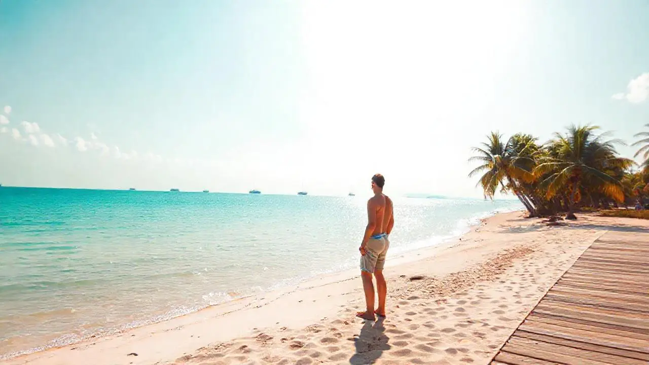 Playa tranquila, luz cálida y serena