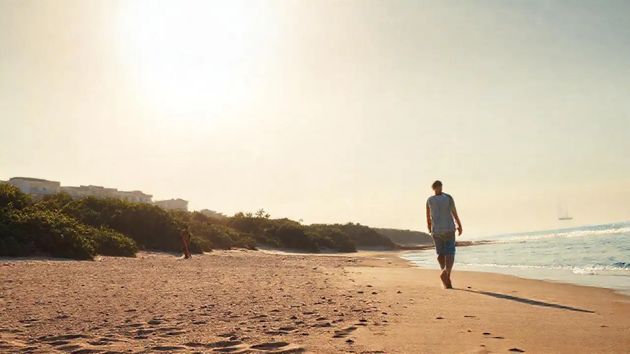 Playa tranquila, luz cálida y horizonte amplio