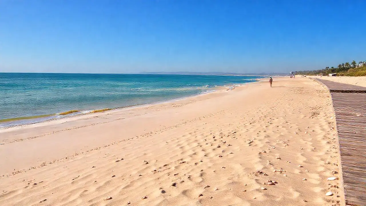 Playa serena, luz cálida, extensa y abierta
