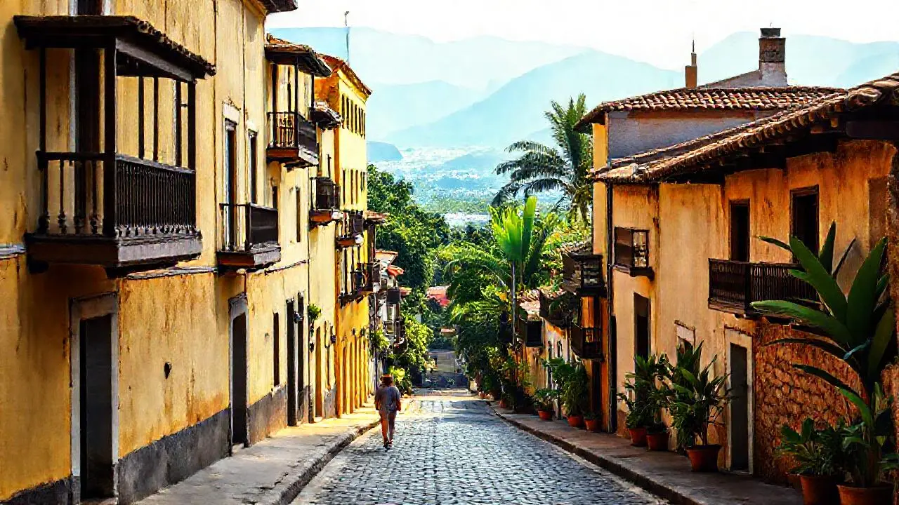 Calle colonial tropical, serena y luminosa