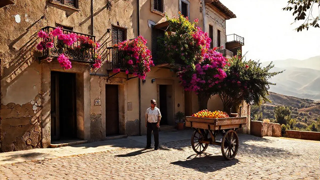 Calle antigua, luz cálida y polvorienta