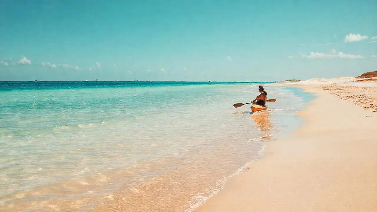 Plácida escena costera, kayak en calma