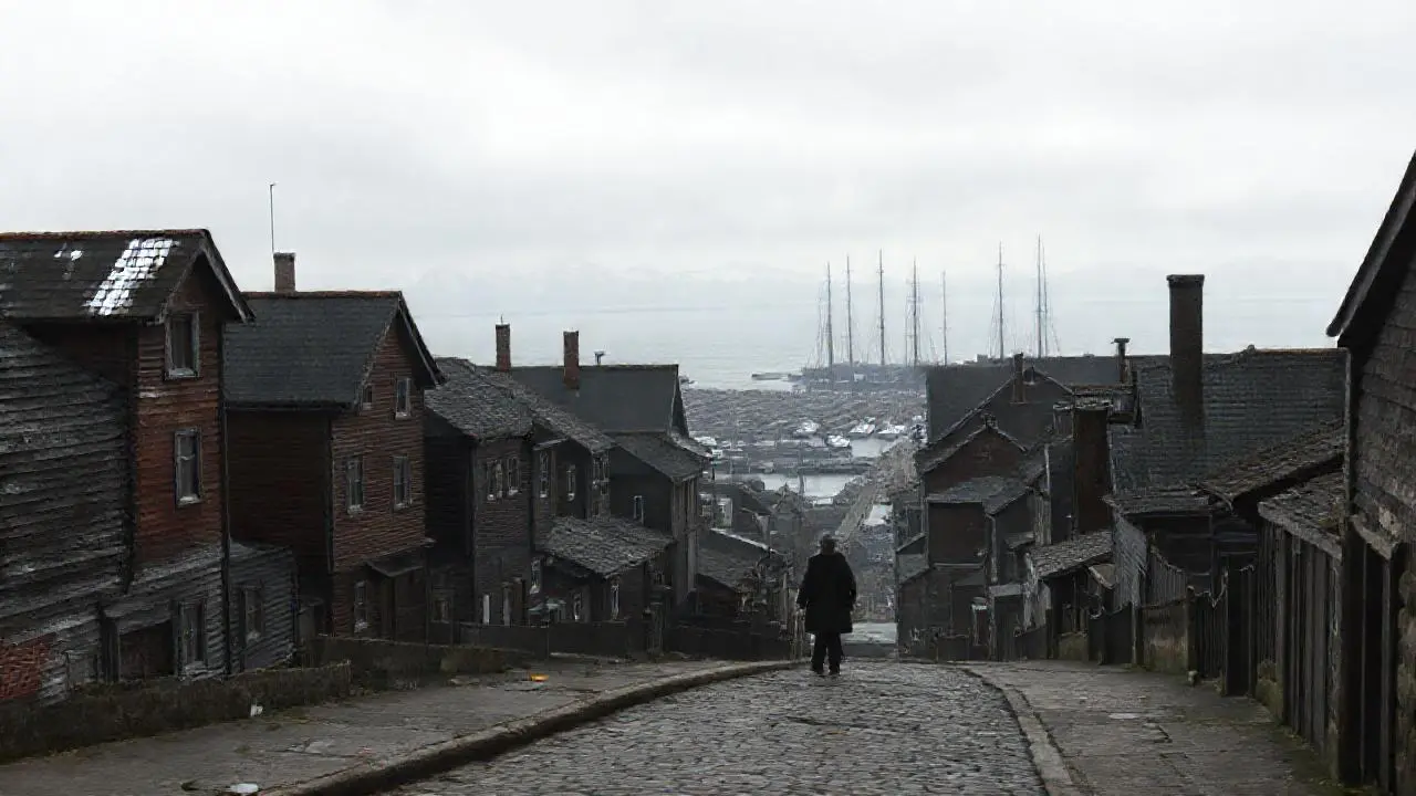 Puerto grisáceo, distante, brumoso y melancólico