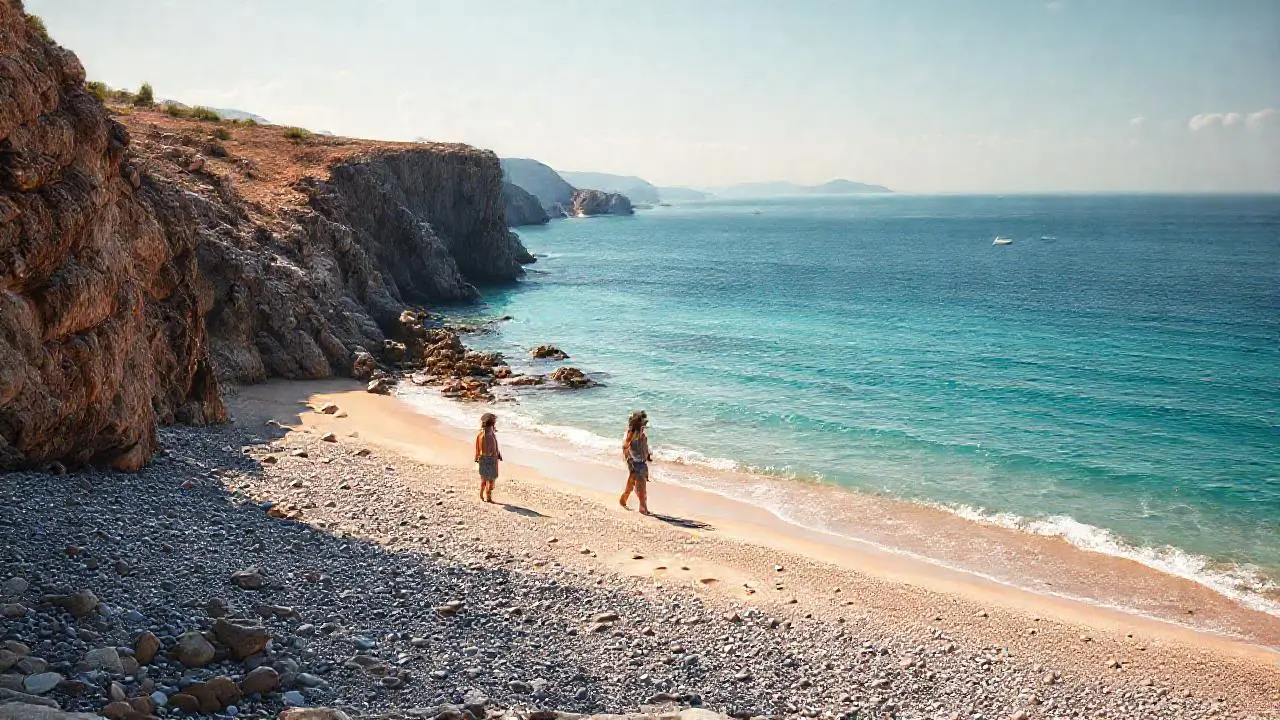 Costa rocosa, playa, cielo y luz cálida