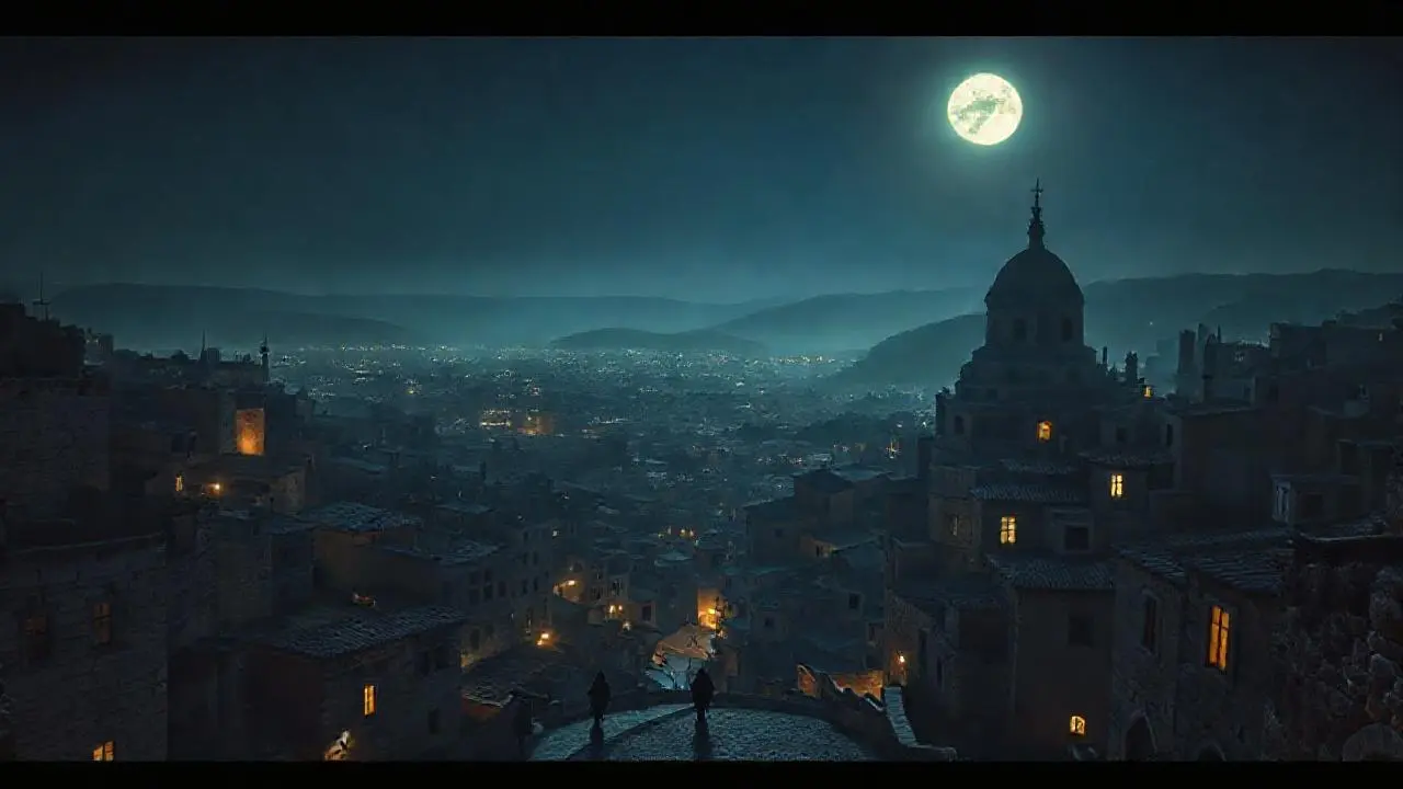 Ciudad nocturna, antigua, silenciosa y misteriosa