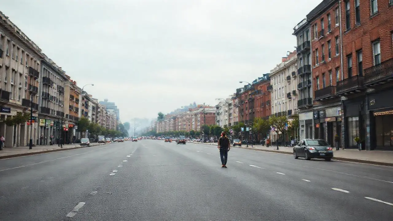 Calle urbana gris, ambiente tranquilo y realista