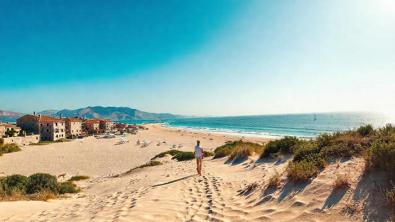 Tranquila playa, luz, y vastedad natural