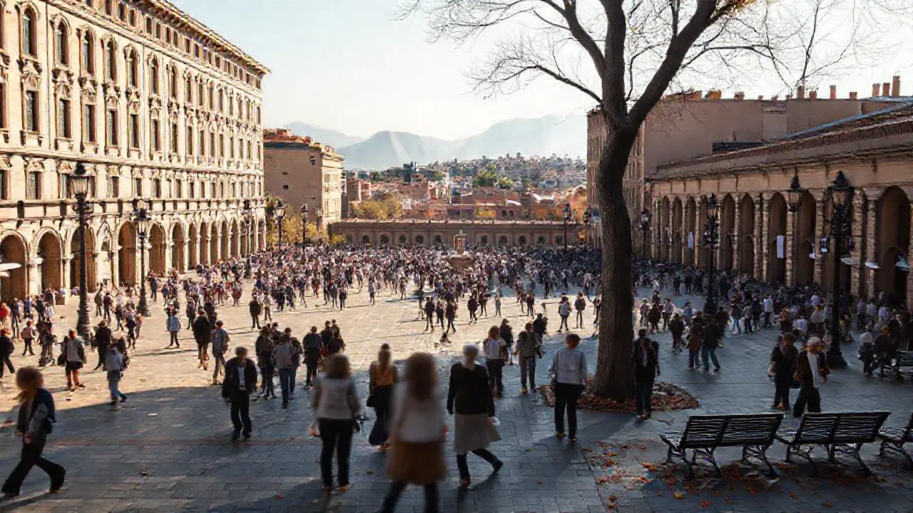 Plaza bulliciosa, luminosa y arquitectónicamente rica