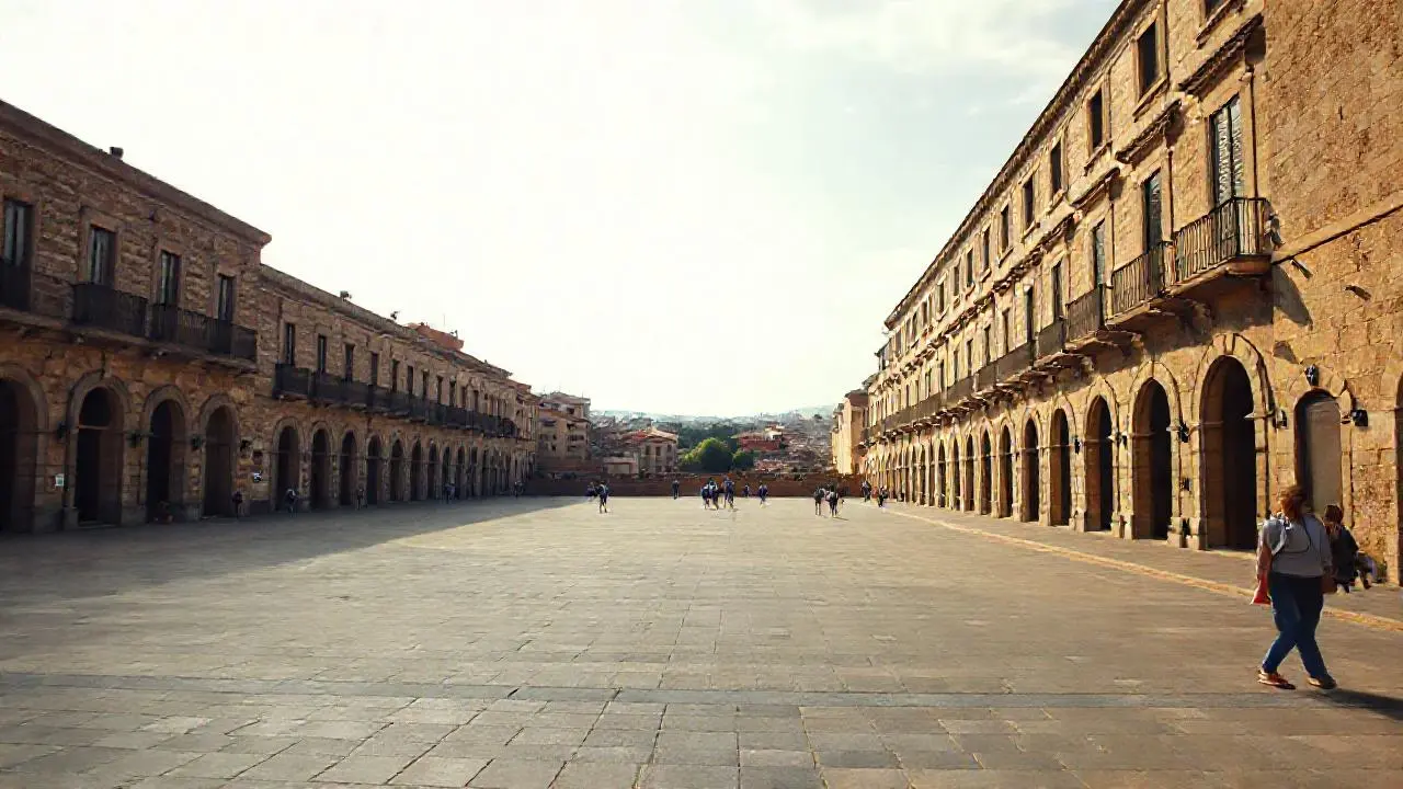 Plaza tranquila, luz cálida, ambiente relajado