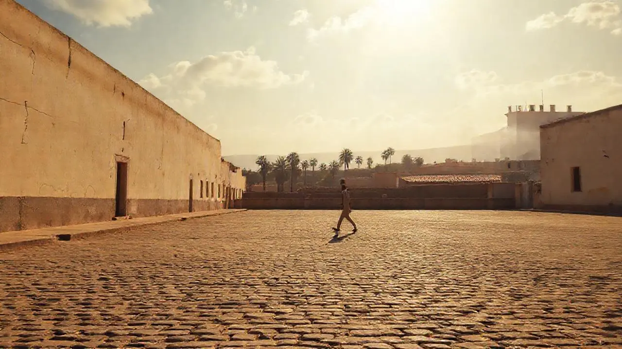 Plaza antigua, luz suave, atmósfera serena