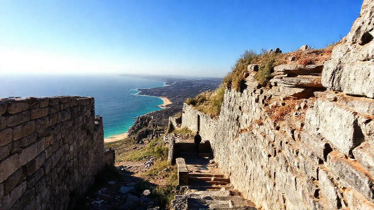 Paisaje costero antiguo, sereno y vasto