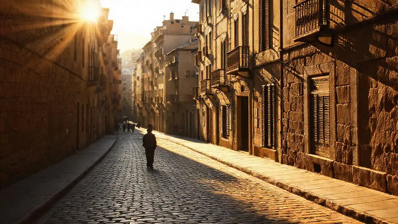 Vieja ciudad, luz suave, atmósfera serena