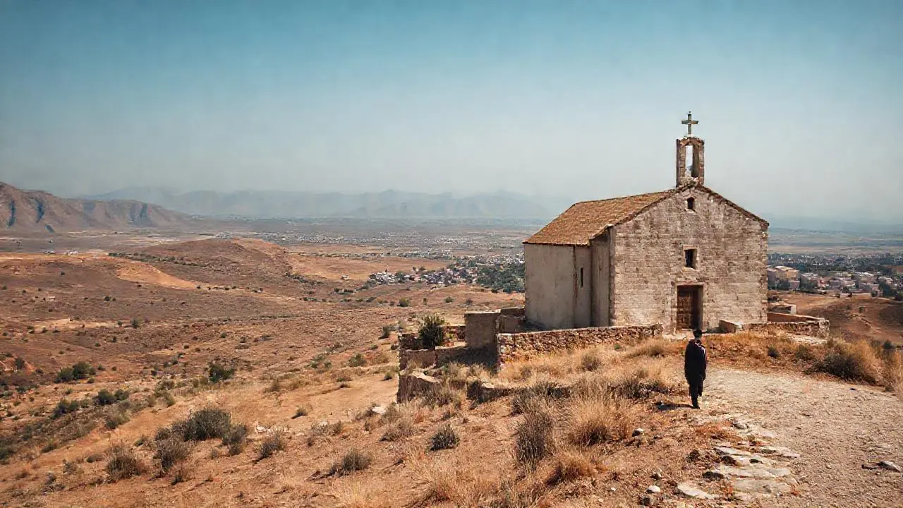 Paisaje árido, iglesia antigua y gran cielo
