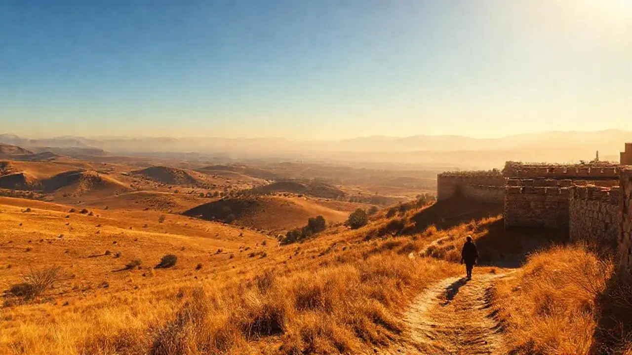 Paisaje árido con castillo y figura distante