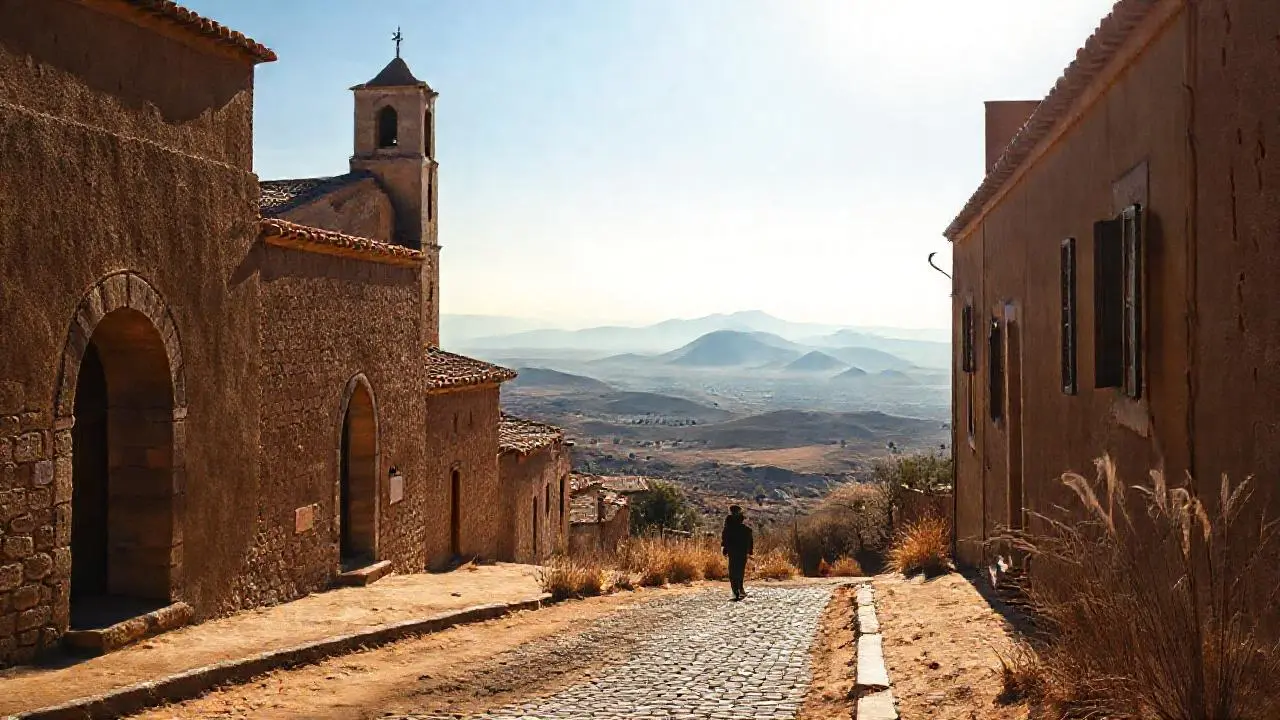 Paisaje árido y antiguo, bañado en luz cálida