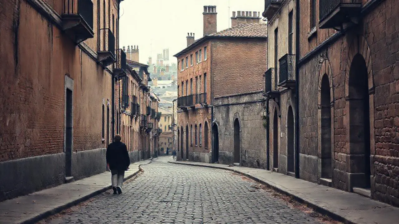Calle antigua y silenciosa, ambiente melancólico