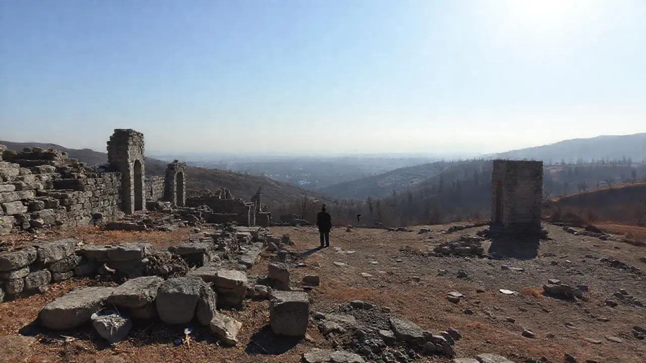 Ruinas antiguas, paisaje vasto y sereno