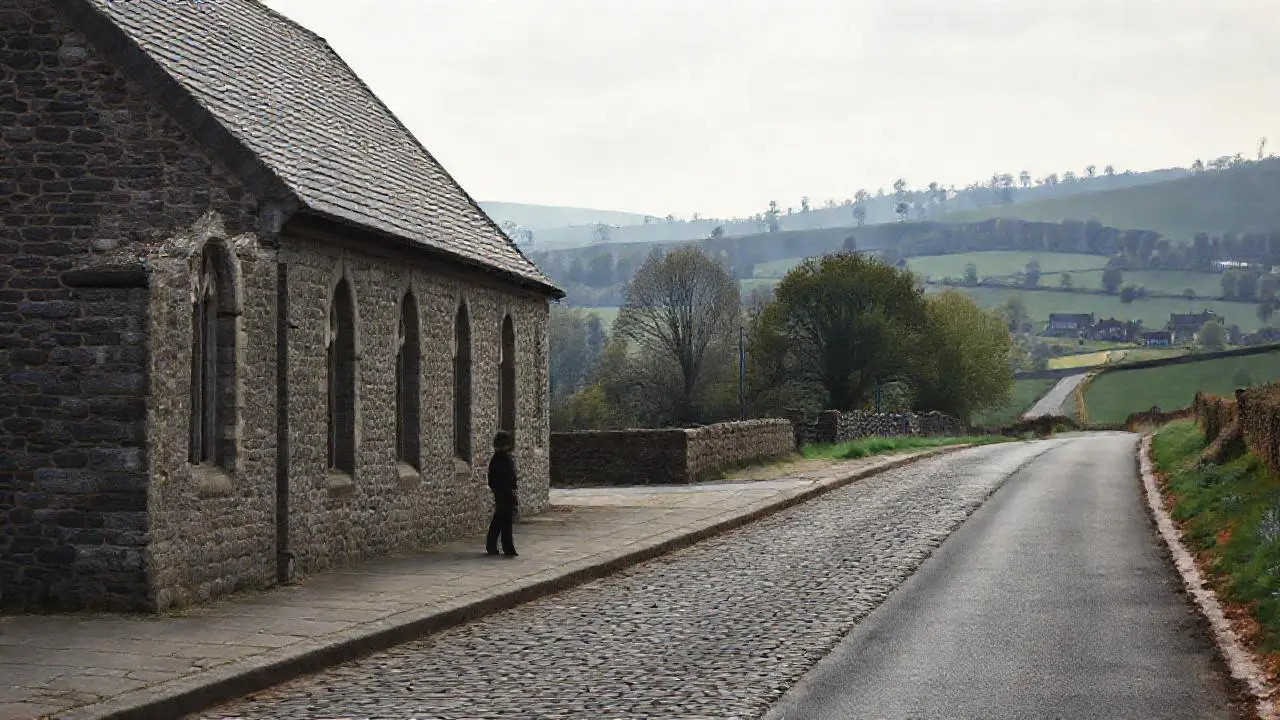 Iglesia rural, tranquila y ligeramente difusa