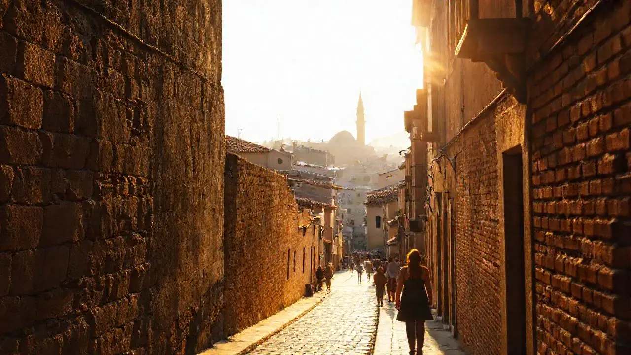 Ciudad antigua, luz suave y etérea