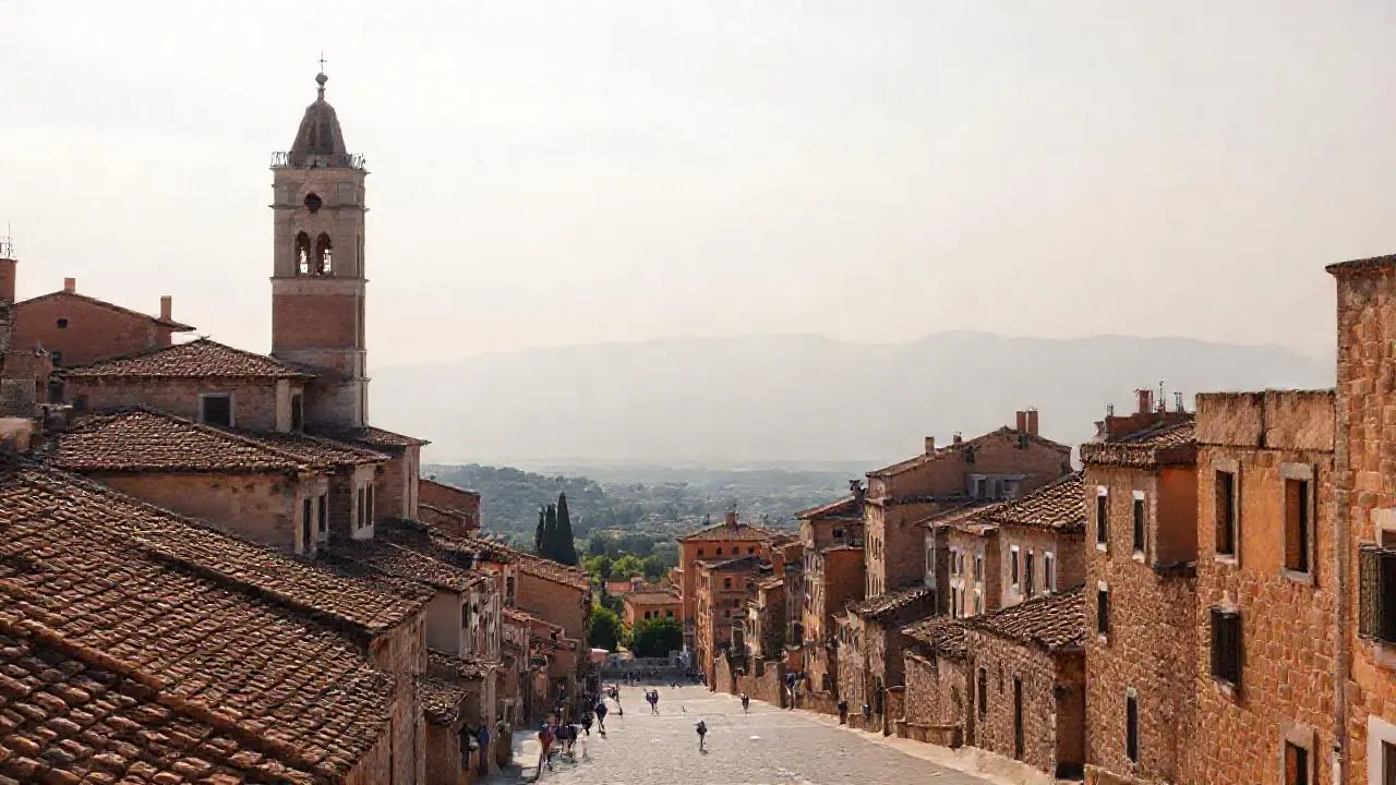 Pueblo antiguo, luz suave y amplia vista