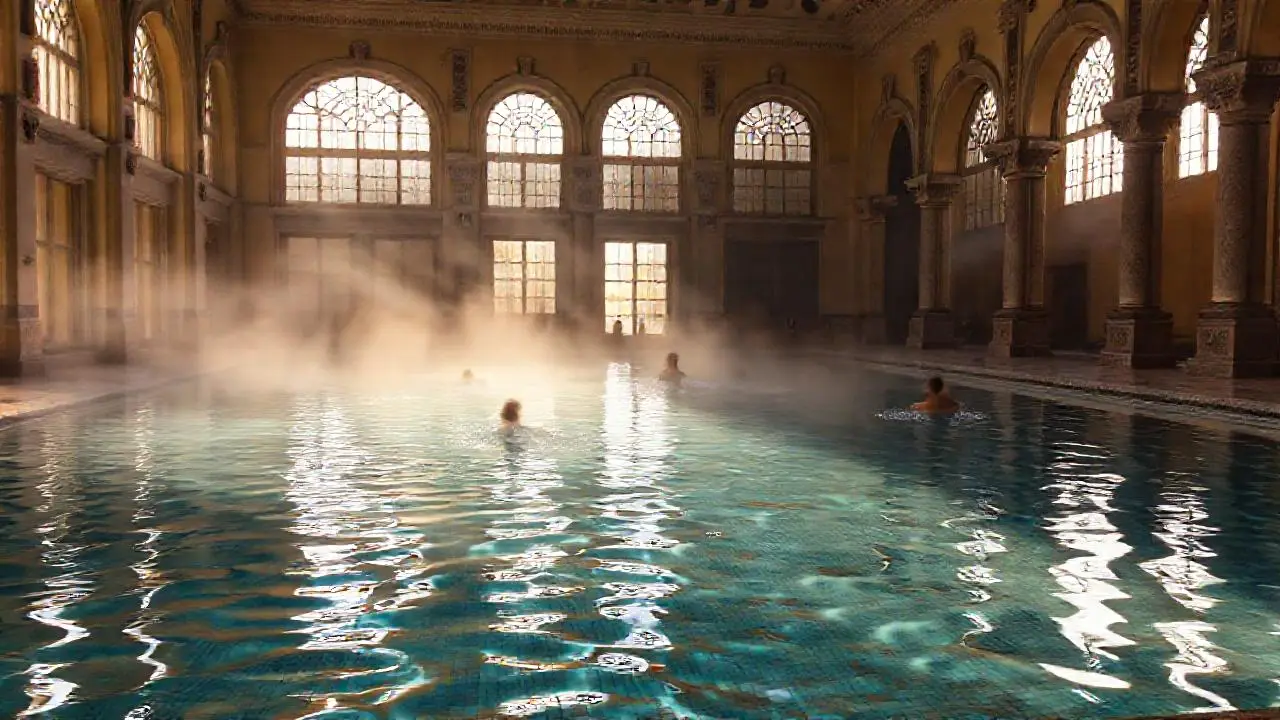 Piscina luminosa, vaporosa y arquitectónicamente rica