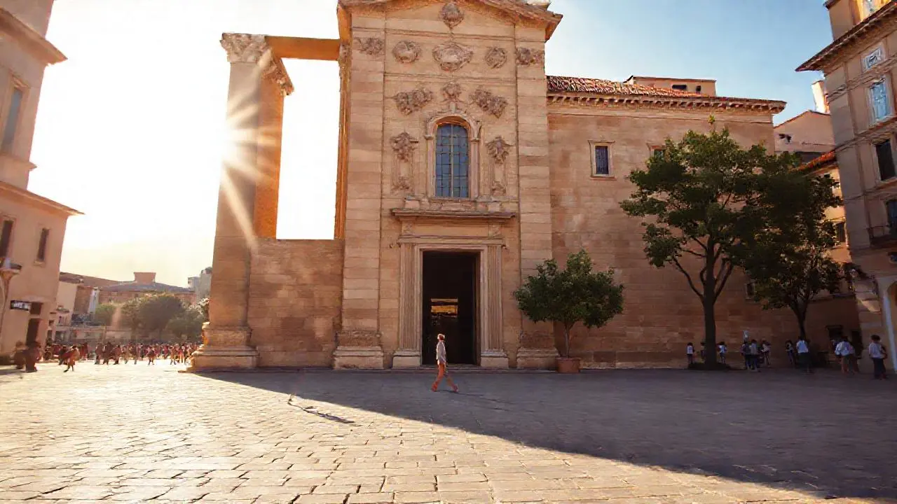 Piazza antigua, luz cálida y serena