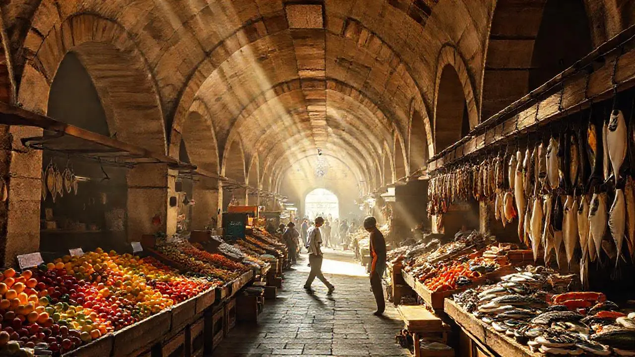 Mercado antiguo, luz cálida y ambiente relajado