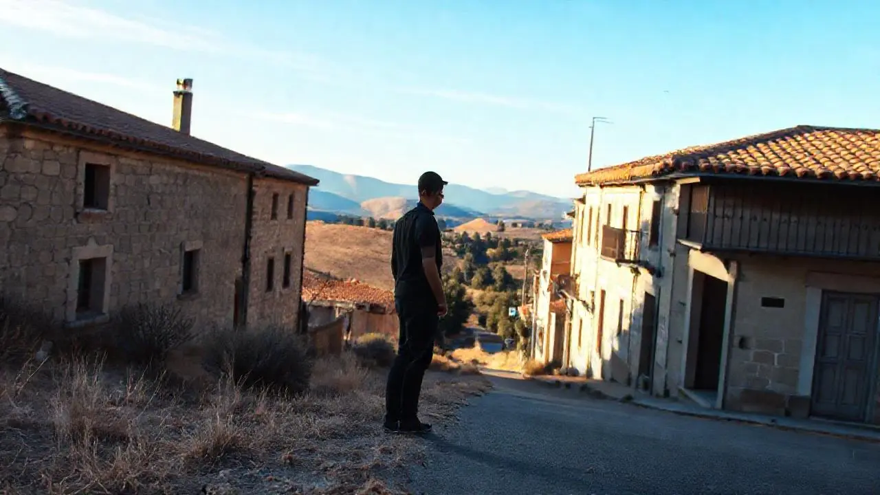 Paisaje rural tranquilo, luz cálida y figura solitaria
