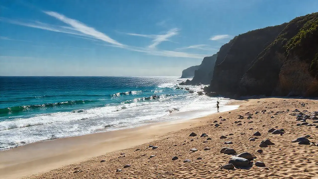 Costa serena, luz brillante, figura surfando