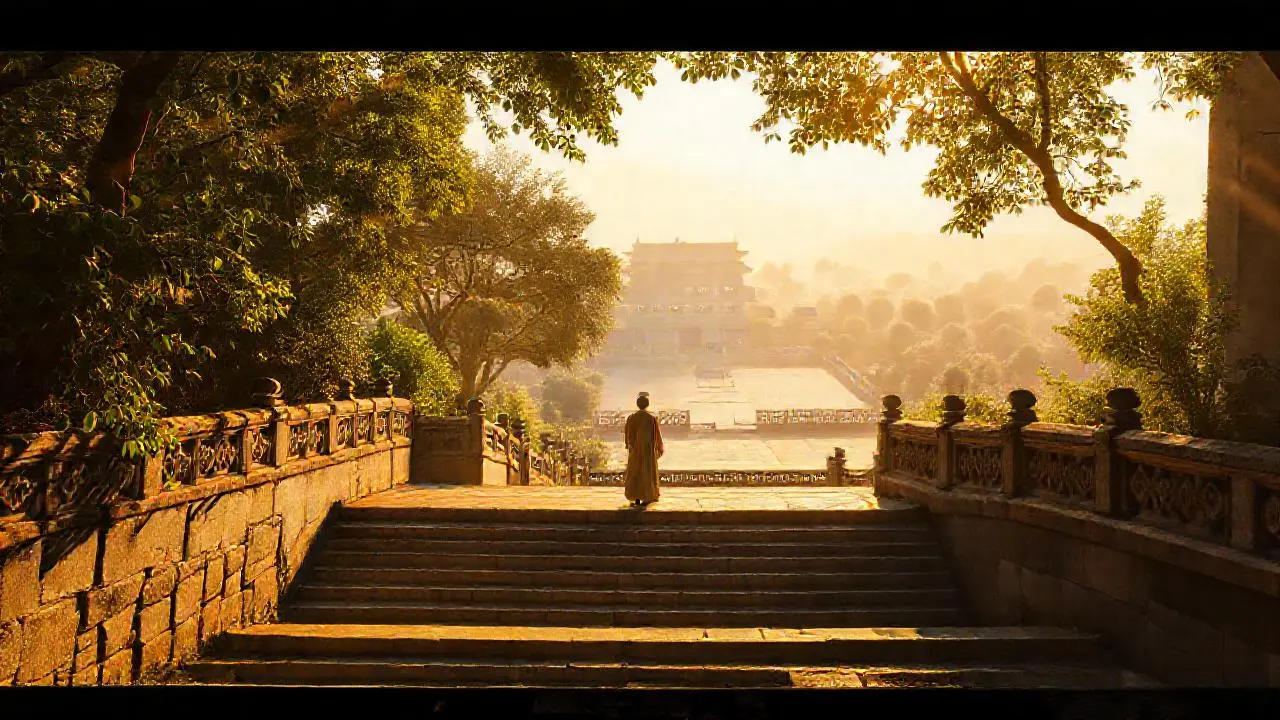 Sereno templo antiguo, atmósfera cálida y tranquila