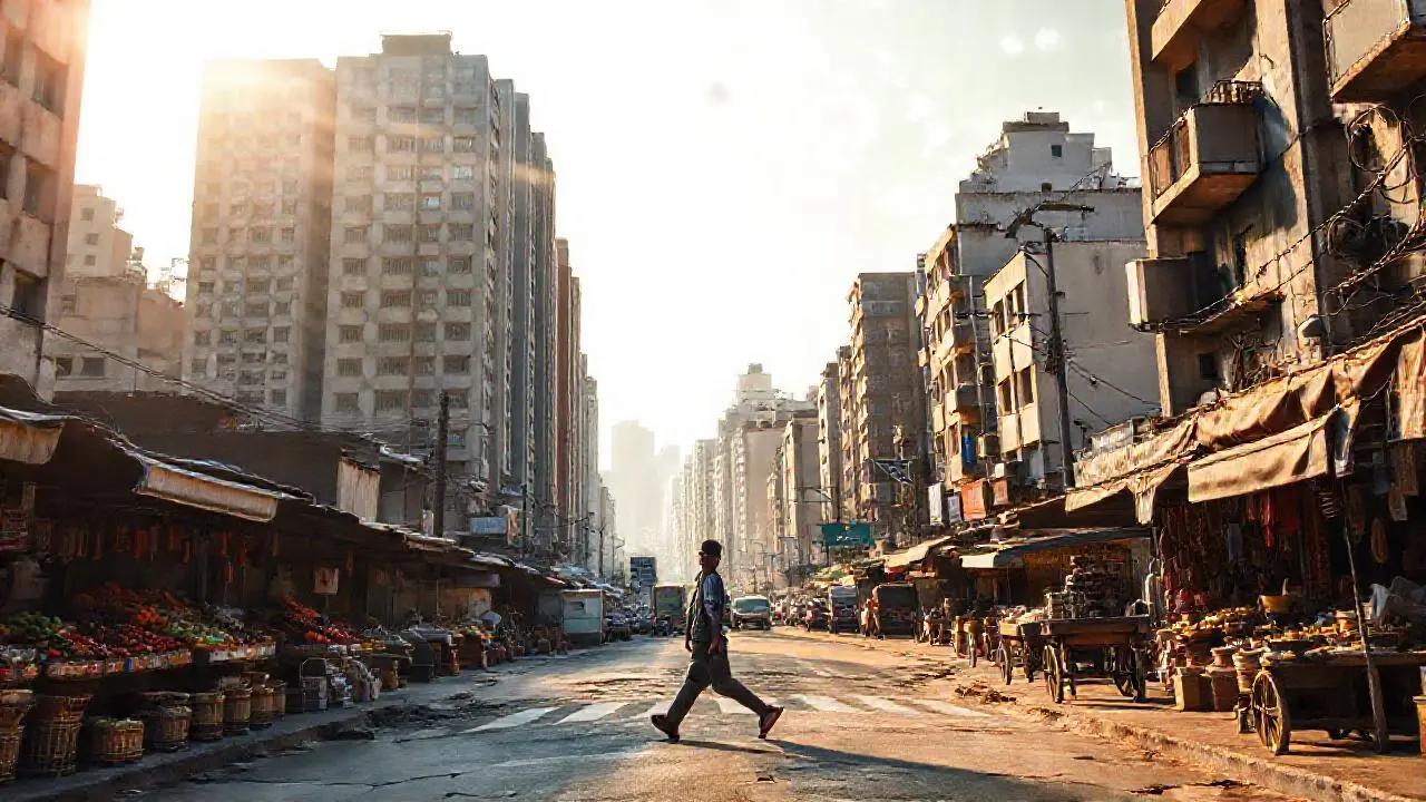 Ciudad vibrante bajo luz difusa