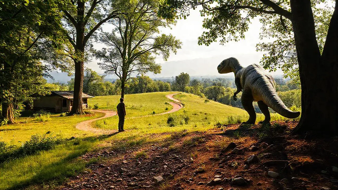 Paisaje natural con dinosaurio y atmósfera serena