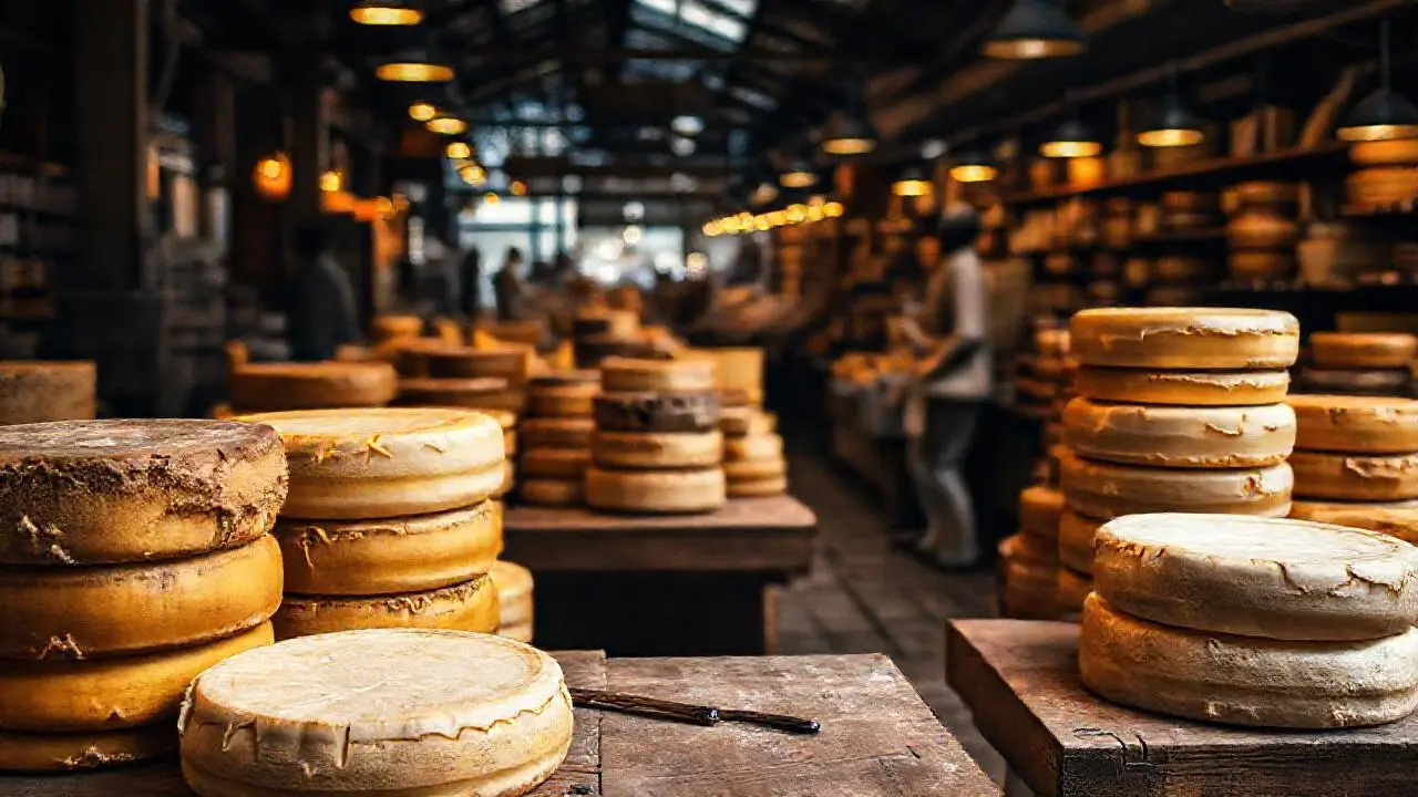 Mercado antiguo, queso, luz suave, textura rica