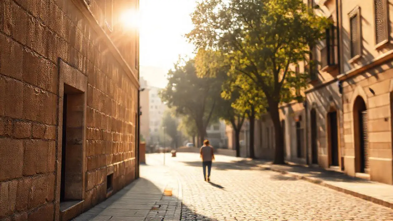 Una calle urbana tranquila al atardecer