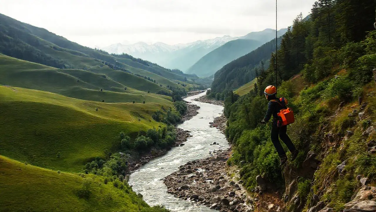 Paisaje amplio con figura suspendida en el aire
