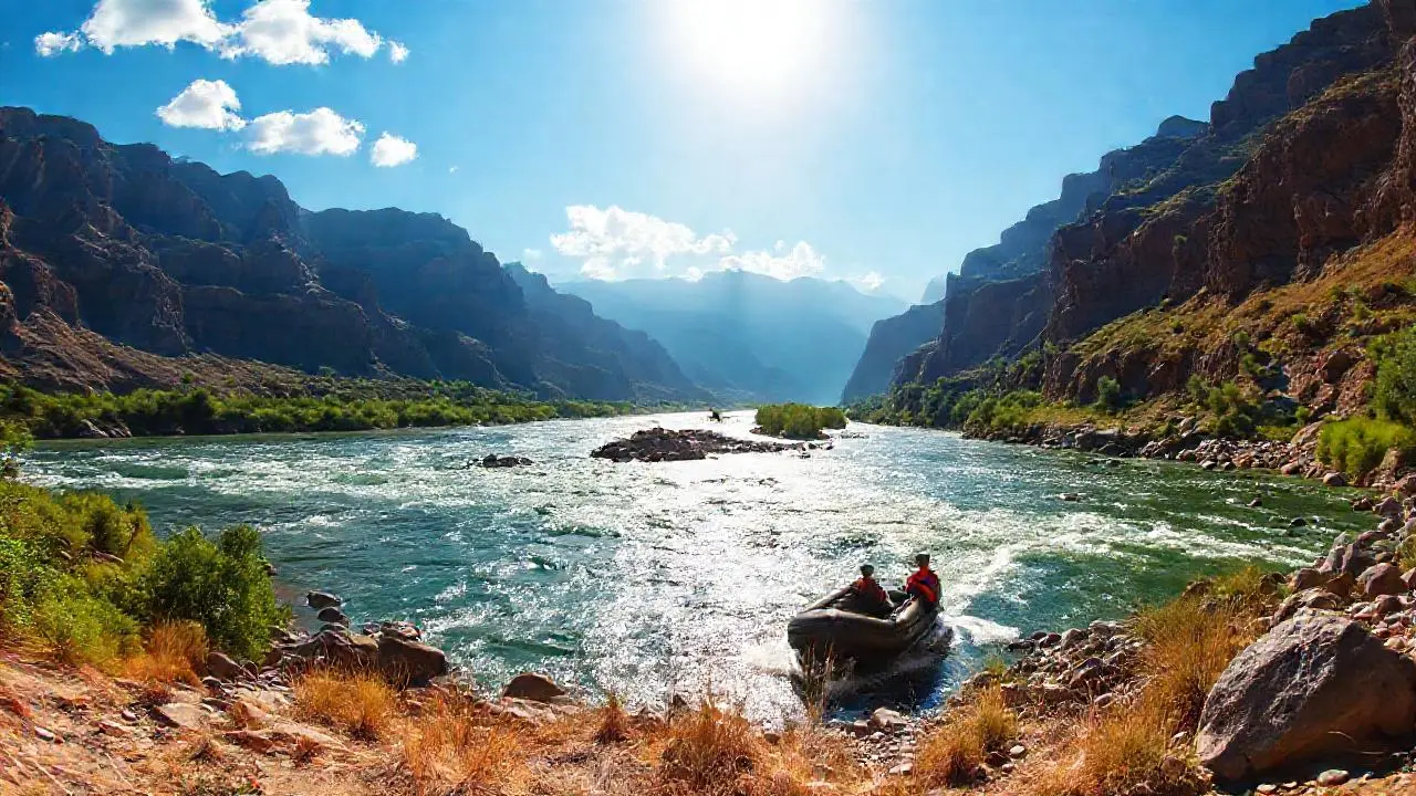 Un río caudaloso, paisaje natural y una balsa