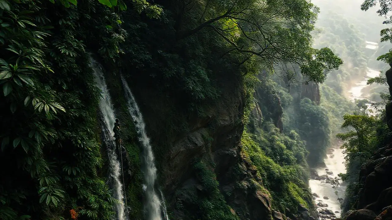 Selva profunda, figura descendiendo, atmósfera brumosa