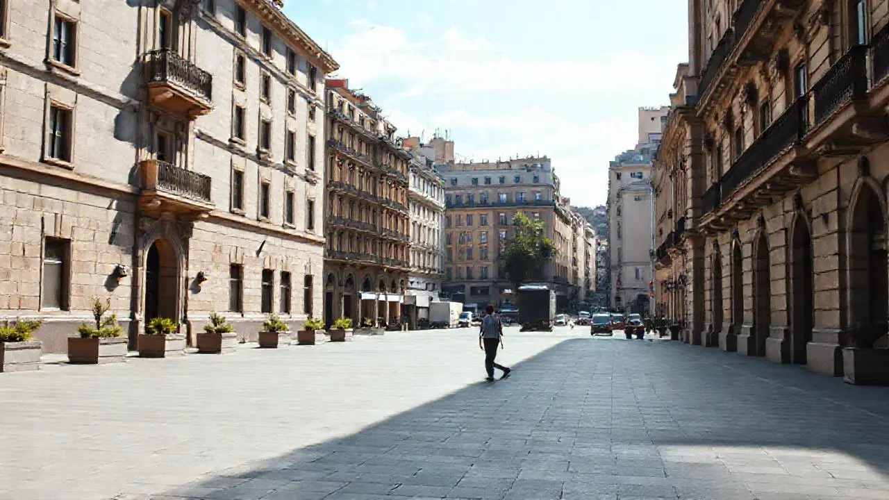 Plaza urbana luminosa, tranquila y espaciosa