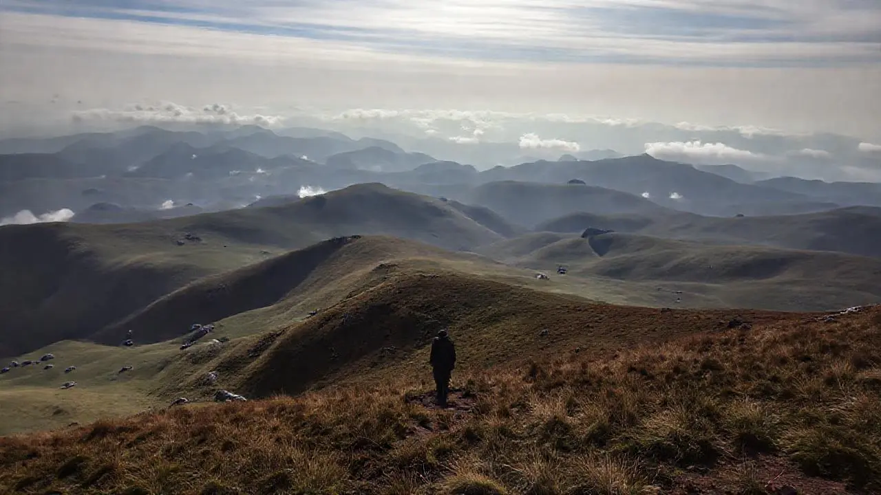 Paisaje extenso, sereno y con un caminante